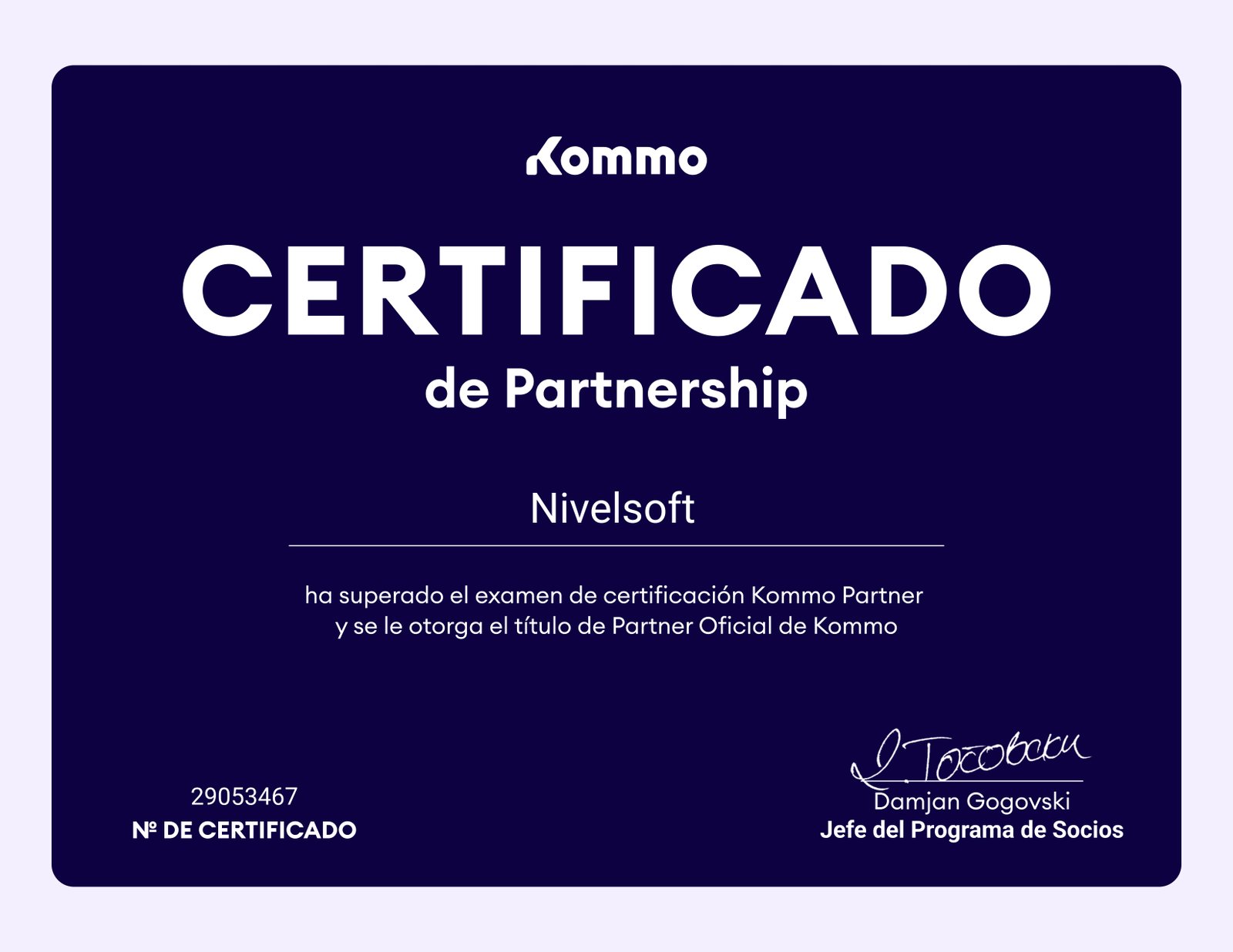 Certificado de Partnership Kommo - Nivelsoft es Partner Oficial de Kommo